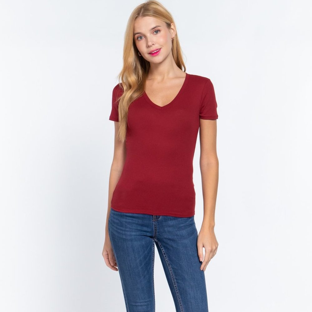 Short Sleeve V-Neck Rib Top